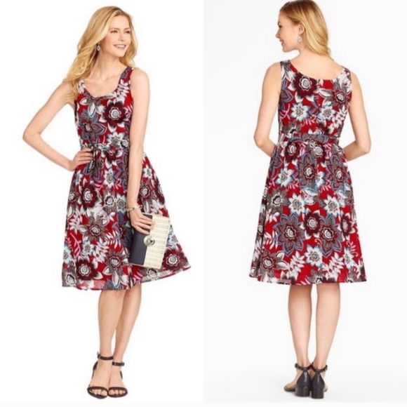 Talbots Red Jacquard Floral Tie Waist Fit & Flare Dress 10P Cotton Preppy Summer - Picture 16 of 16